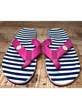 Striped Flip Flops With Pink Straps & Daisy Accent - Womens Size 5-6